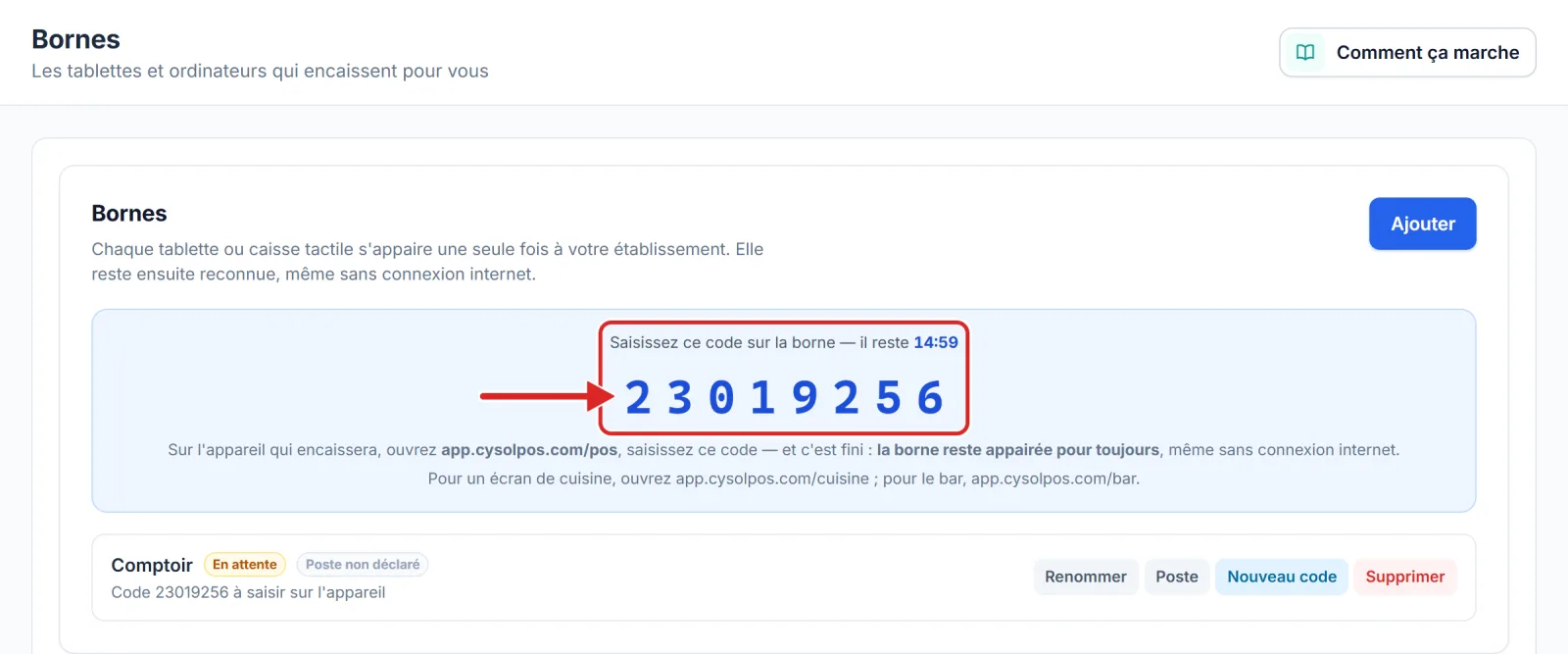 Le code d'appairage et le temps qu'il lui reste