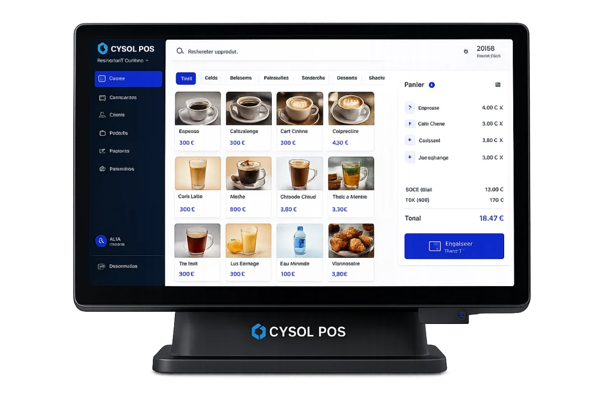 Caisse tactile CYSOL : catalogue de produits et panier en cours