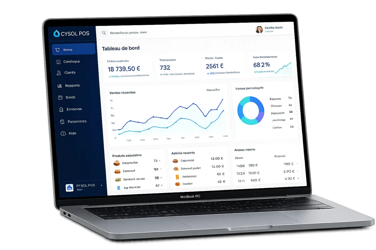 Tableau de bord CYSOL sur ordinateur portable : chiffre d'affaires et courbe des ventes