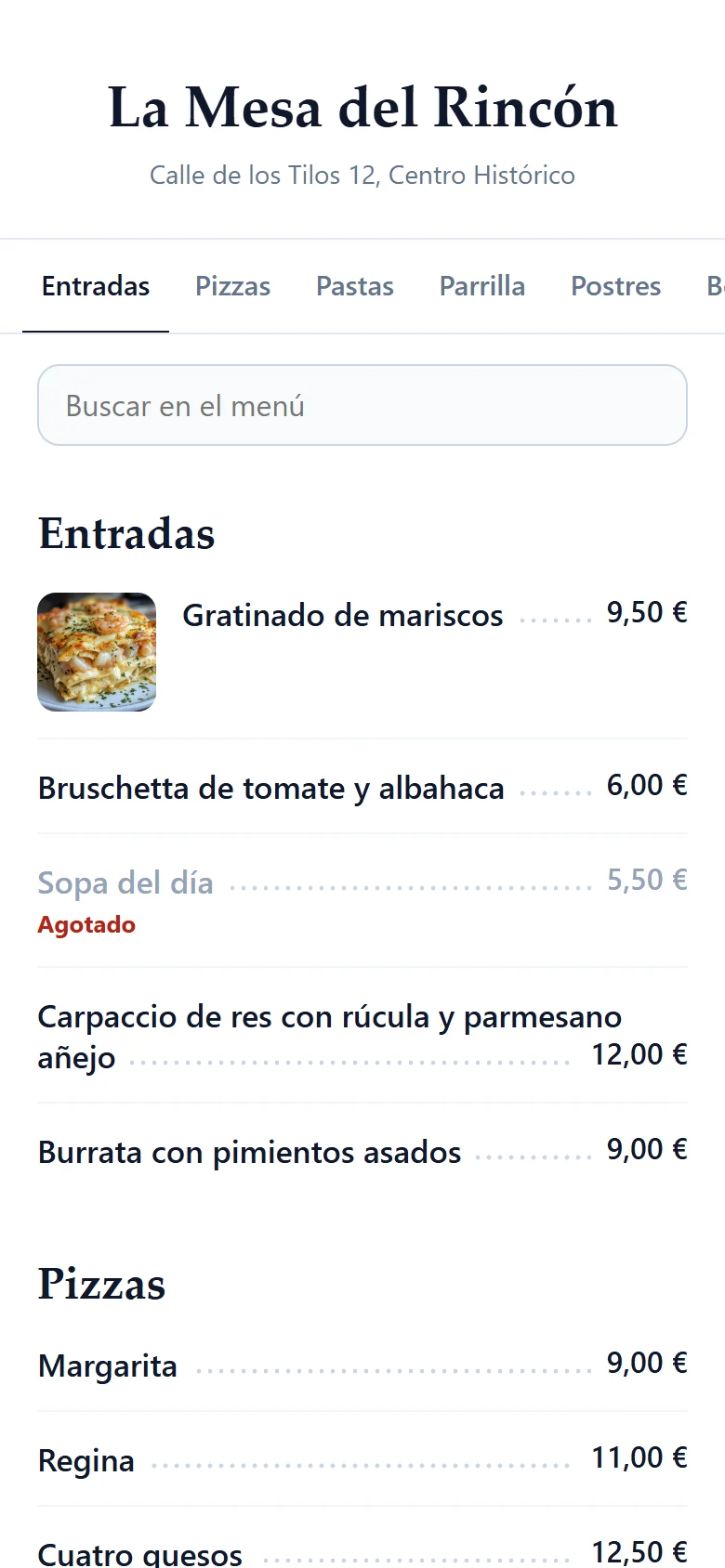 El menú de un restaurante tal como se abre en el teléfono de un cliente: el nombre y la dirección del restaurante, las secciones, una barra de búsqueda y cada plato con su precio — con un plato marcado como agotado.