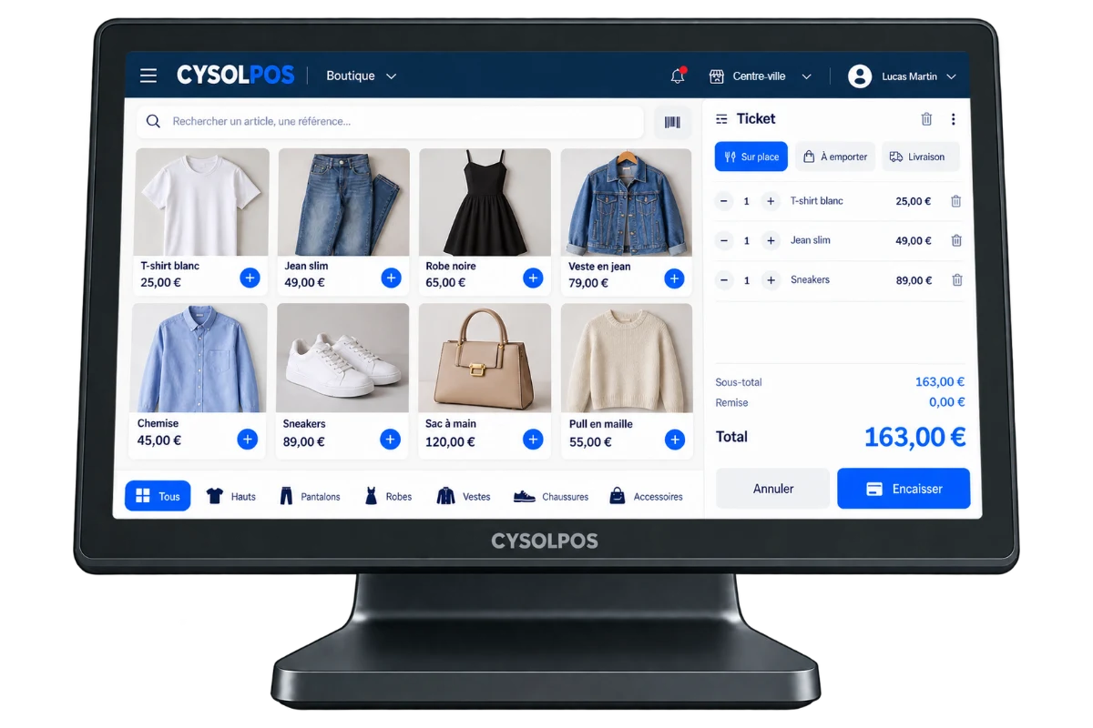 Caisse tactile CYSOL : catalogue de produits et panier en cours