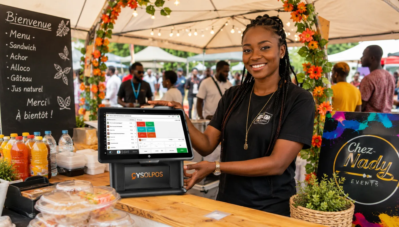Sur un stand de marché, une vendeuse présente la caisse tactile CYSOL, entre le tableau du menu et les boissons.