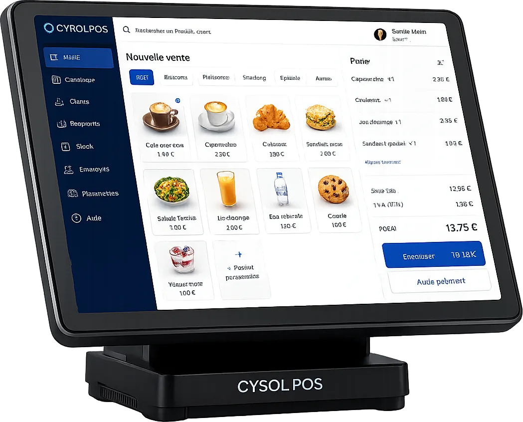 Borne de caisse tactile affichant l'écran de vente CYSOL