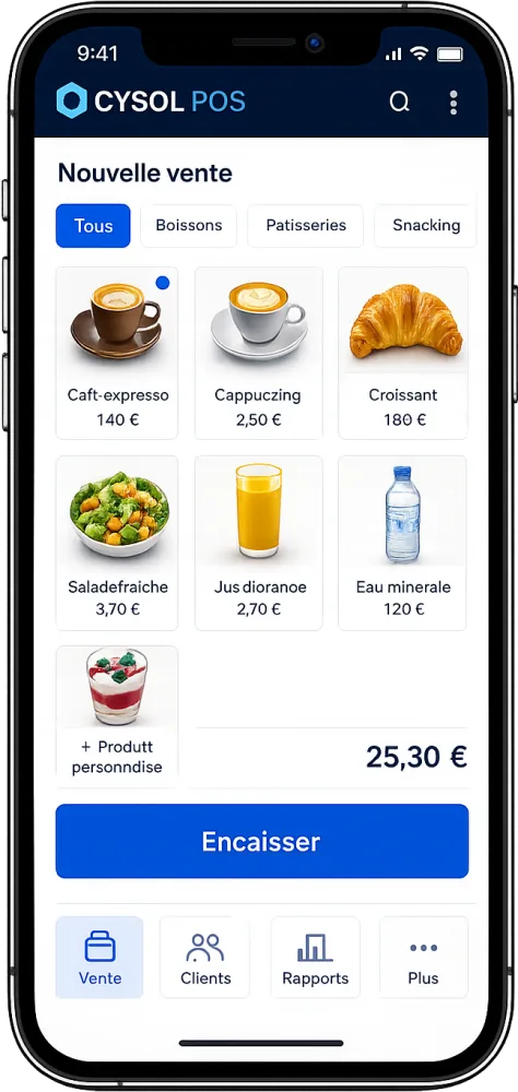 Téléphone affichant l'écran de vente CYSOL