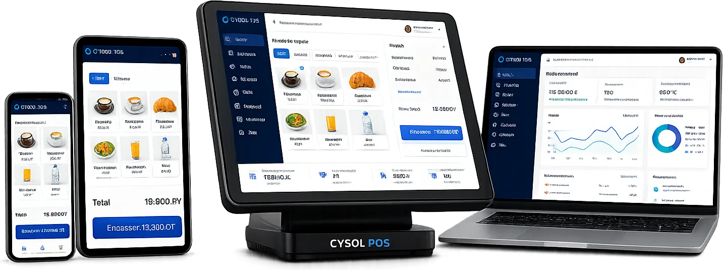CYSOL POS affiché sur téléphone, tablette, caisse tactile et ordinateur portable