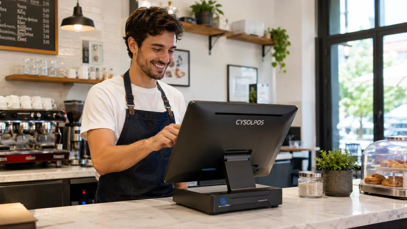 At a café counter, a barman takes an order on a CYSOL touchscreen till.