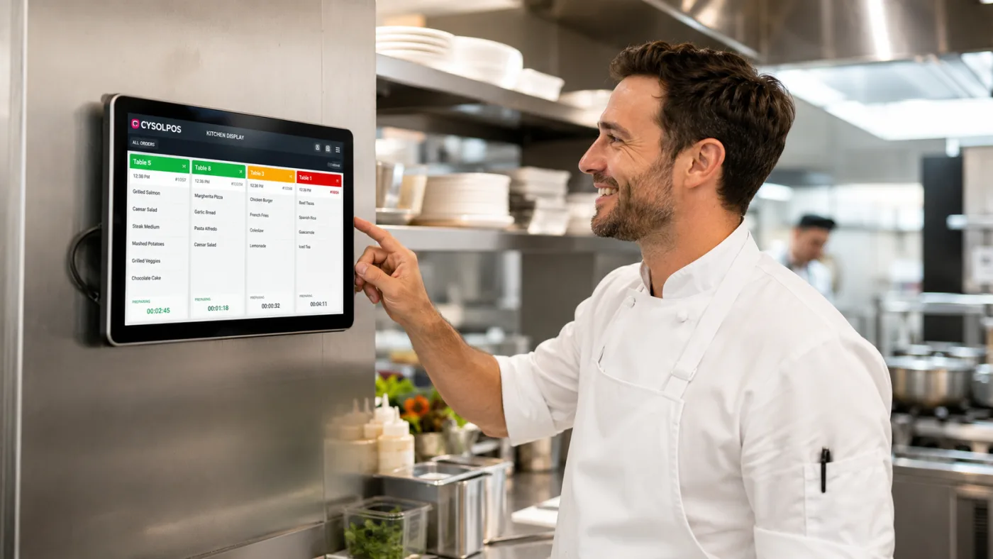 In the kitchen, a chef confirms an order on the CYSOL screen fixed to the wall, between dishes in preparation.