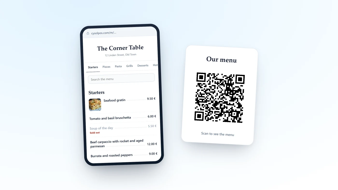 A restaurant menu open on a phone, and in front of it the printed table card carrying its QR code.