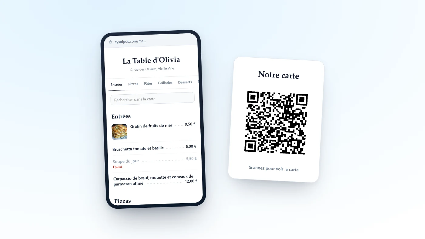 La carte d'un restaurant ouverte sur un téléphone, et devant lui la carte de table imprimée qui porte son QR code.
