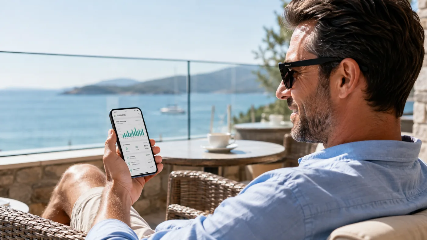 On a waterside terrace, a shopkeeper checks his business's figures for the day on his phone.